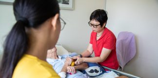 Never Going Solo: Seeking Help with Caregiving Ms Jane Goh is the primary caregiver to her 84-year-old father, a person with Parkinson’s disease (PD) who requires constant monitoring. Jendah (left), the family helper, cares for Mr Goh when Ms Goh is at work.